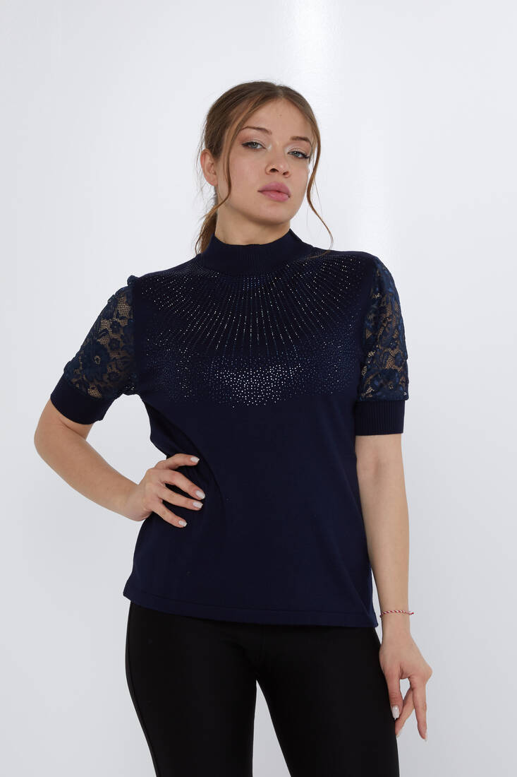 Women's Knitwear Sleeves Lace Detail Navy Blue - 30959 | KAZEE