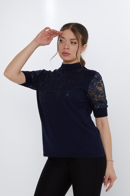 Women's Knitwear Sleeves Lace Detail Navy Blue - 30959 | KAZEE - Thumbnail