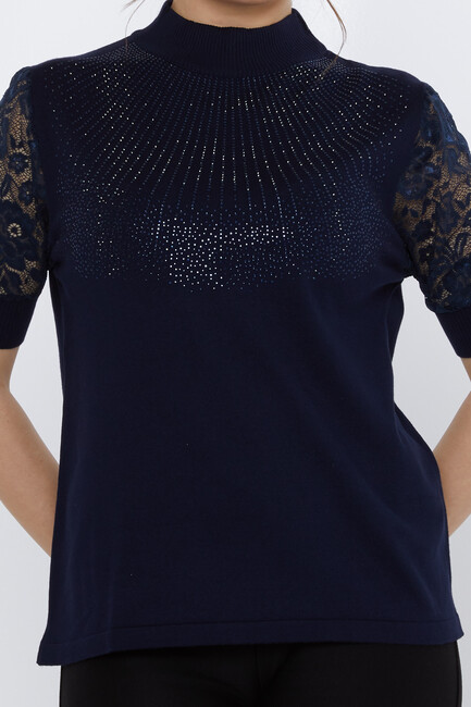 Women's Knitwear Sleeves Lace Detail Navy Blue - 30959 | KAZEE - Thumbnail