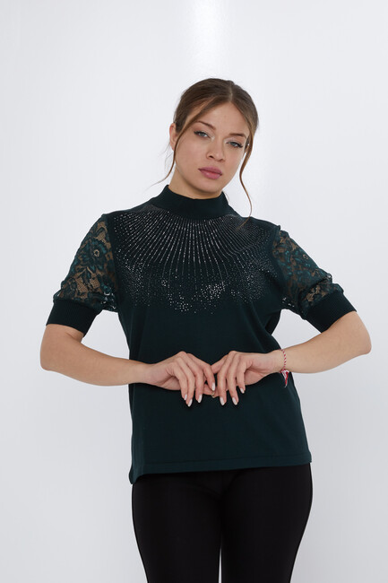 Women's Knitwear Sleeves Lace Detailed Olive - 30959 | KAZEE - Thumbnail