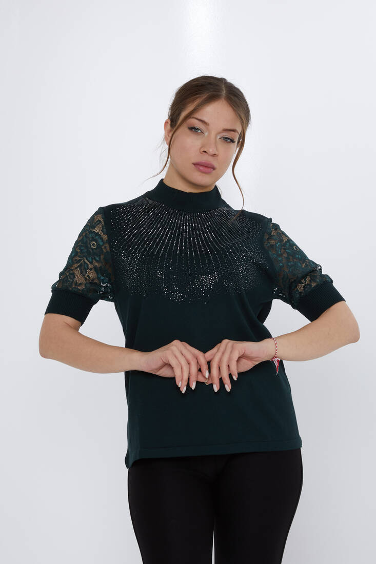 Women's Knitwear Sleeves Lace Detailed Olive - 30959 | KAZEE