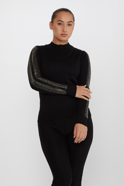 Women's Knitwear Sleeves Stone Detailed Black - 30564 | KAZEE - Thumbnail