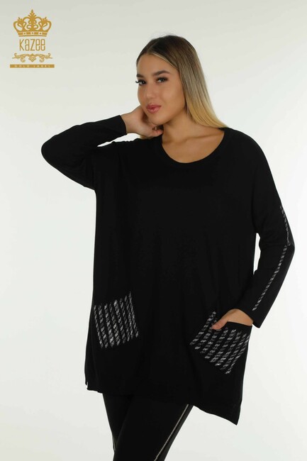 Women's Knitwear Sleeves Stone Detailed Black - 30591 | KAZEE - Thumbnail