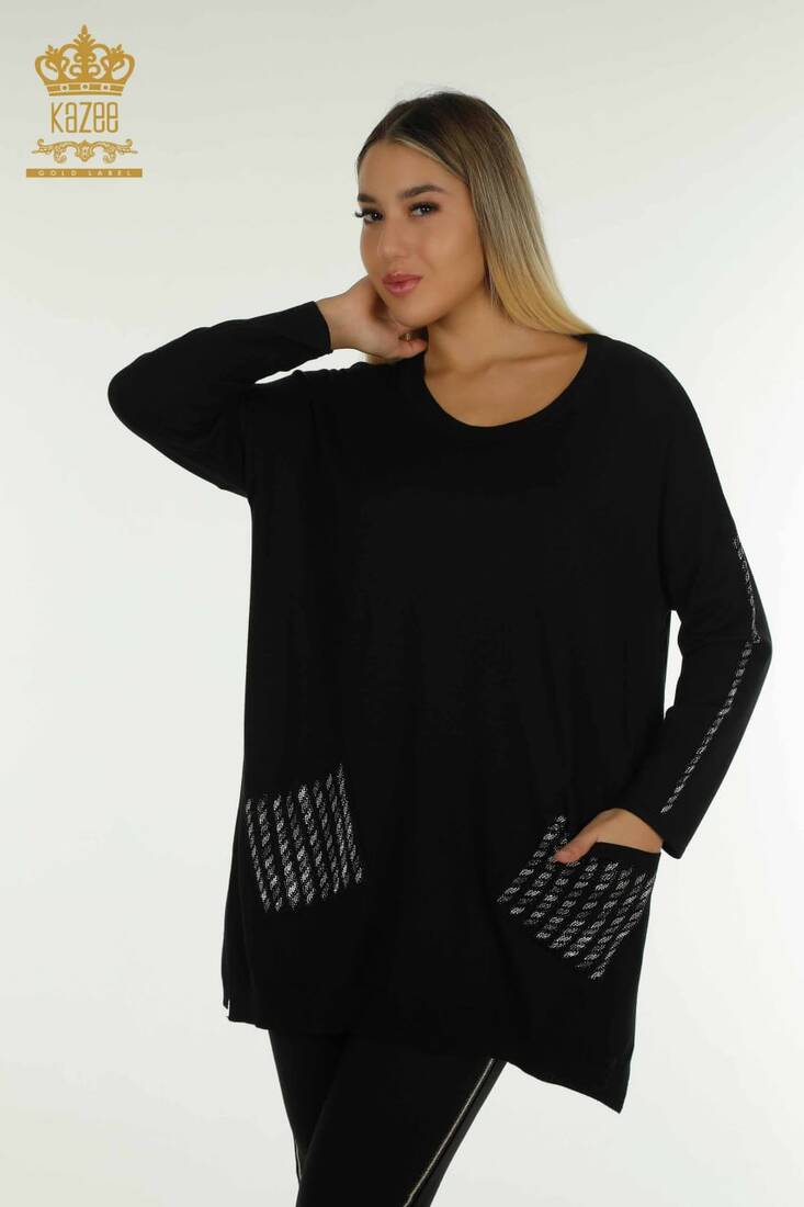 Women's Knitwear Sleeves Stone Detailed Black - 30591 | KAZEE