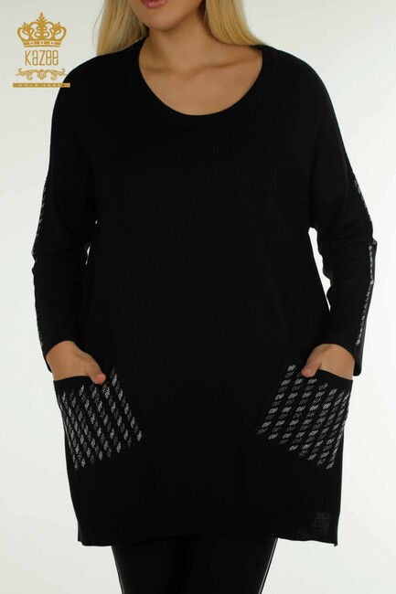 Women's Knitwear Sleeves Stone Detailed Black - 30591 | KAZEE - Thumbnail