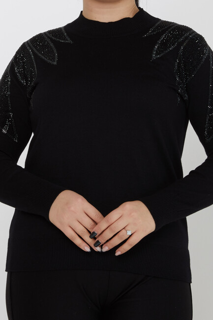 Women's Knitwear Sleeves Stone Detailed Black - 31601 | KAZEE - Thumbnail