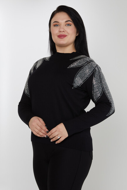 Women's Knitwear Sleeves Stone Detailed Black-Ecru - 31601 | KAZEE - Thumbnail