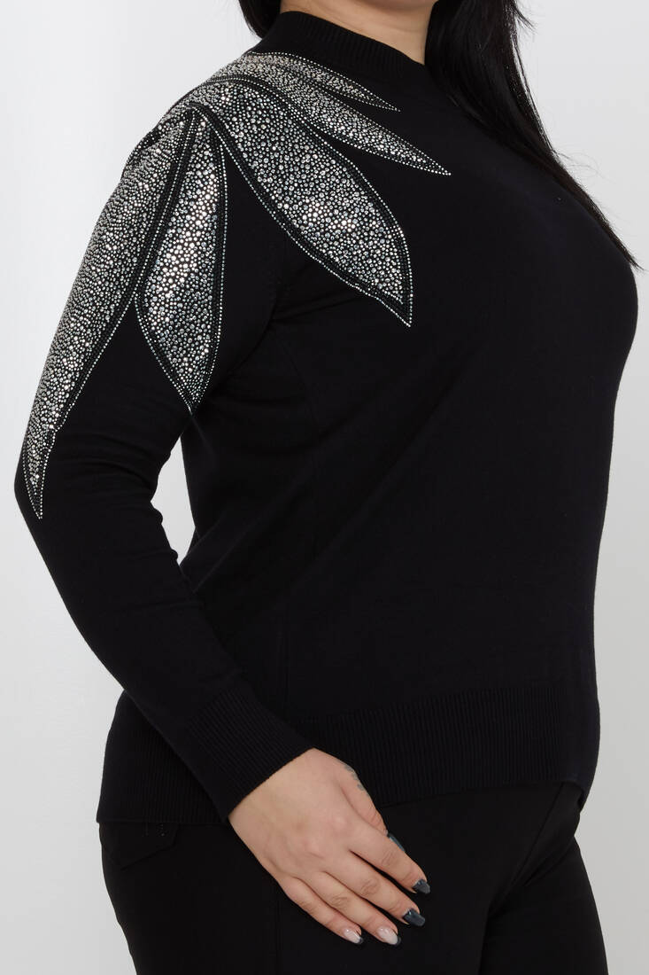 Women's Knitwear Sleeves Stone Detailed Black-Ecru - 31601 | KAZEE