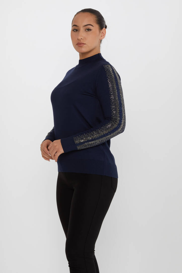 Women's Knitwear Sleeves Stone Detailed Navy Blue - 30564 | KAZEE