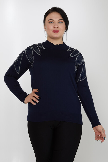 Women's Knitwear Navy Blue with Stone Detailed Sleeves - 31601 | KAZEE - Thumbnail