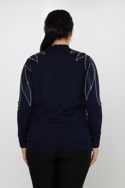 Women's Knitwear Navy Blue with Stone Detailed Sleeves - 31601 | KAZEE - Thumbnail