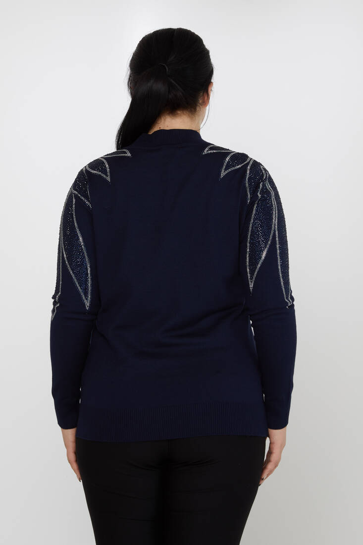 Women's Knitwear Navy Blue with Stone Detailed Sleeves - 31601 | KAZEE