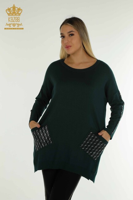 Women's Knitwear Sleeves Stone Detailed Pocketed Navy Blue - 30591 | KAZEE - Thumbnail