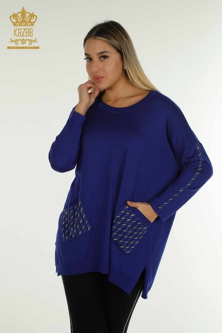 Women's Knitwear Sleeves Stone Detailed Saxe - 30591 | KAZEE - Thumbnail