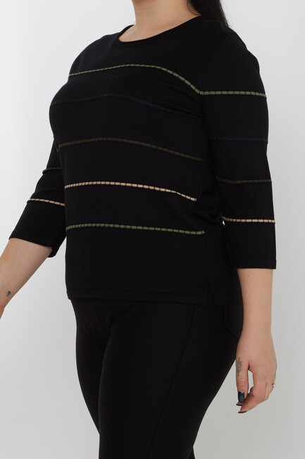 Women's Knitwear Slit Detailed Crew Neck Black-Khaki - 31392 | KAZEE - Thumbnail