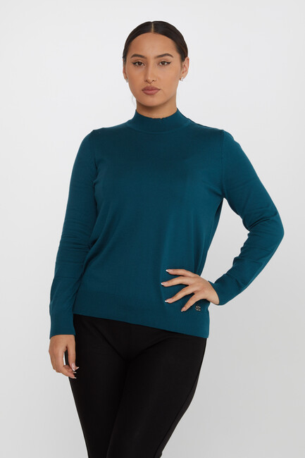 Women's Knitwear Stand Collar Basic Petrol - 30613 | KAZEE - Thumbnail