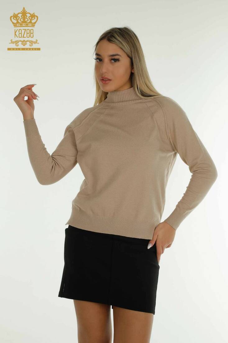 Women's Knitwear Stand Collar Beige - 30757 | KAZEE