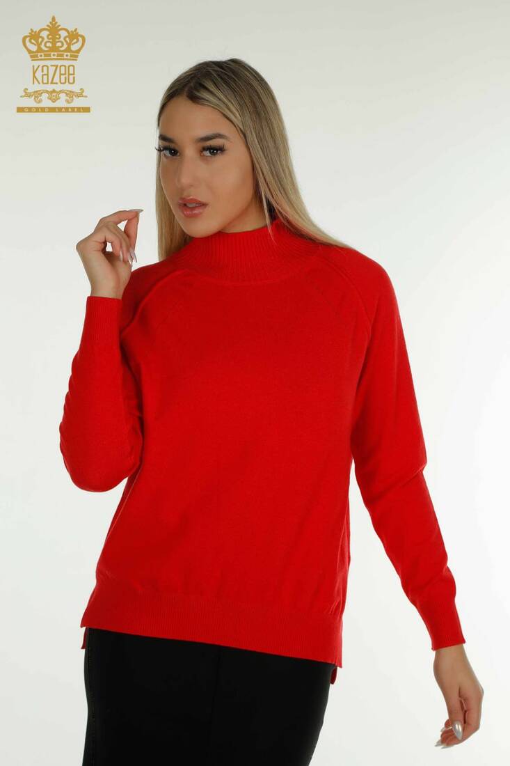 Women's Knitwear Stand Collar Red - 30757 | KAZEE