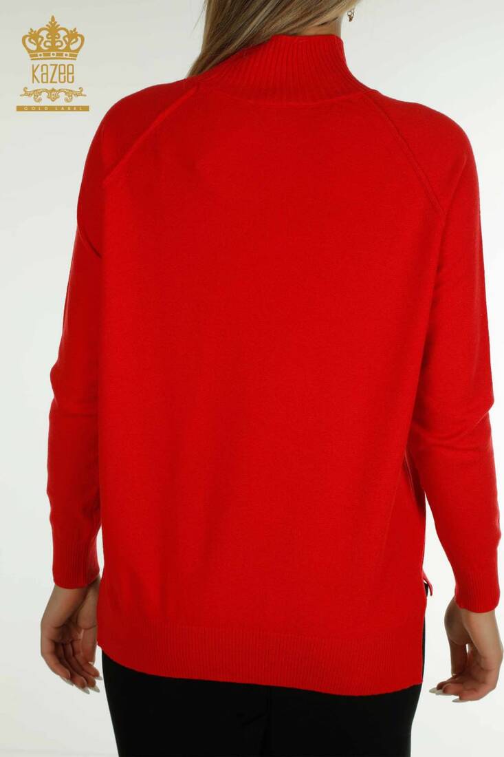 Women's Knitwear Stand Collar Red - 30757 | KAZEE