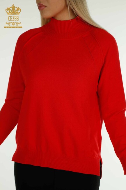 Women's Knitwear Stand Collar Red - 30757 | KAZEE - Thumbnail