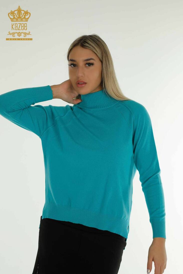 Women's Knitwear Stand Collar Turquoise - 30757 | KAZEE