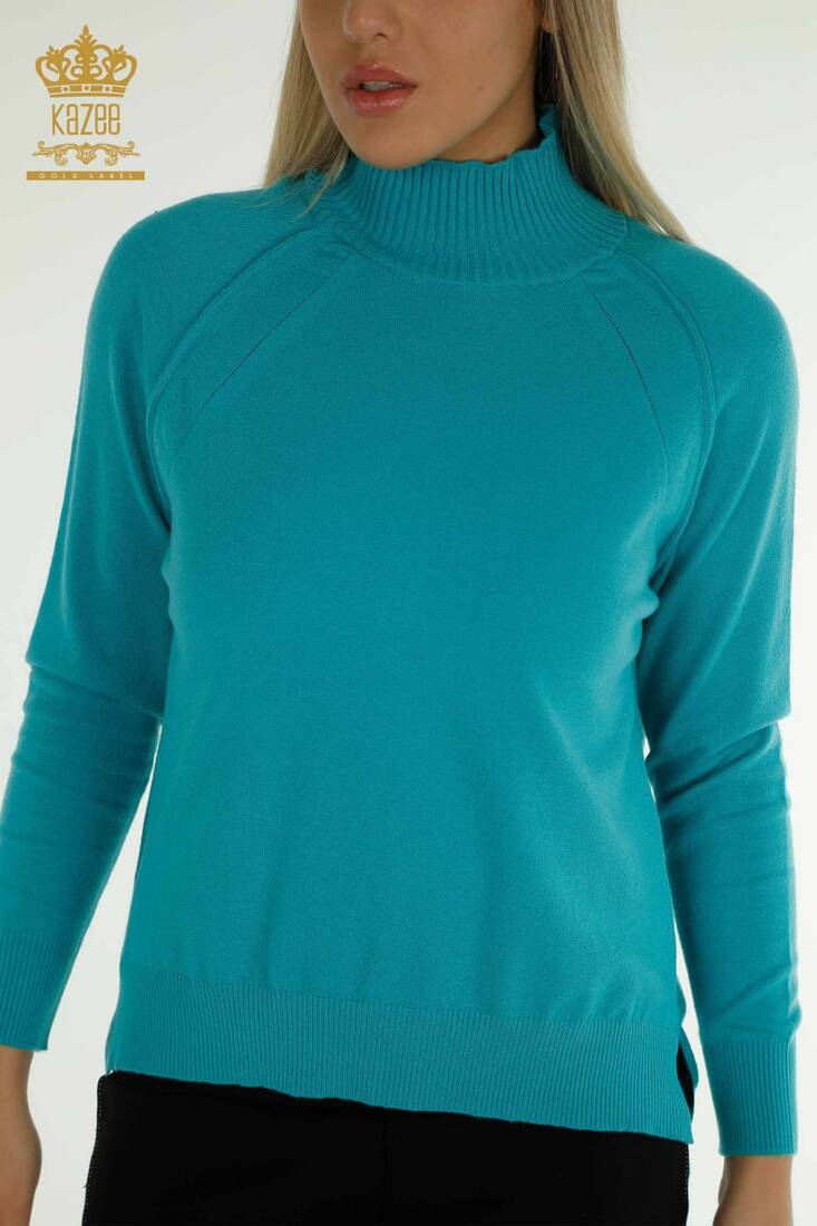 Women's Knitwear Stand Collar Turquoise - 30757 | KAZEE