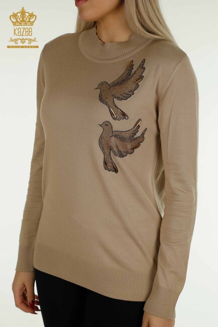 Women's Knitwear Stone Bird Patterned Beige - 30745 | KAZEE - Thumbnail