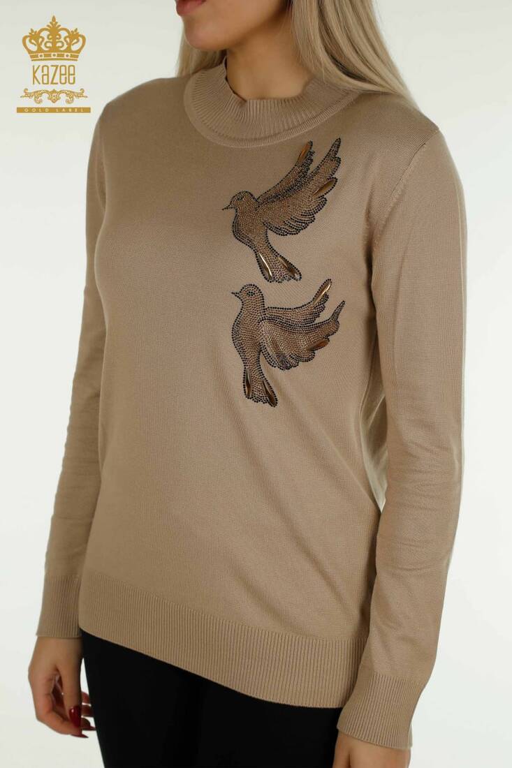 Women's Knitwear Stone Bird Patterned Beige - 30745 | KAZEE