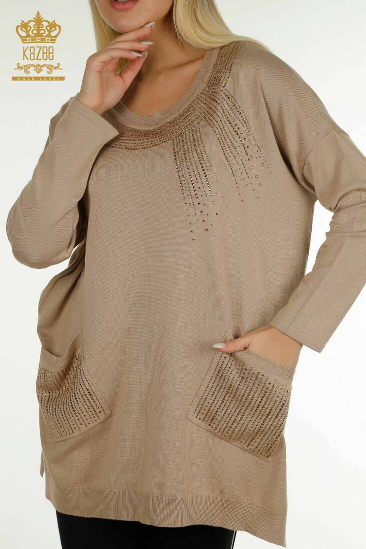 Women's Knitwear Stone Detailed Beige - 30623 | KAZEE