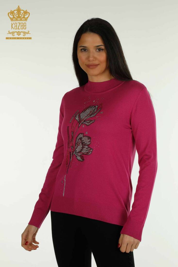 Women's Knitwear Stone Detailed Fuchsia - 30656 | KAZEE