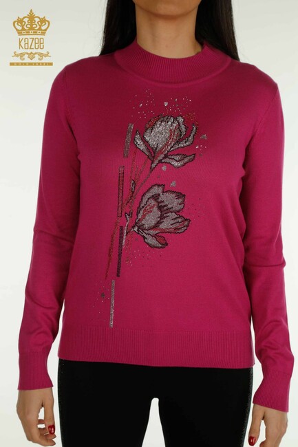 Women's Knitwear Stone Detailed Fuchsia - 30656 | KAZEE - Thumbnail