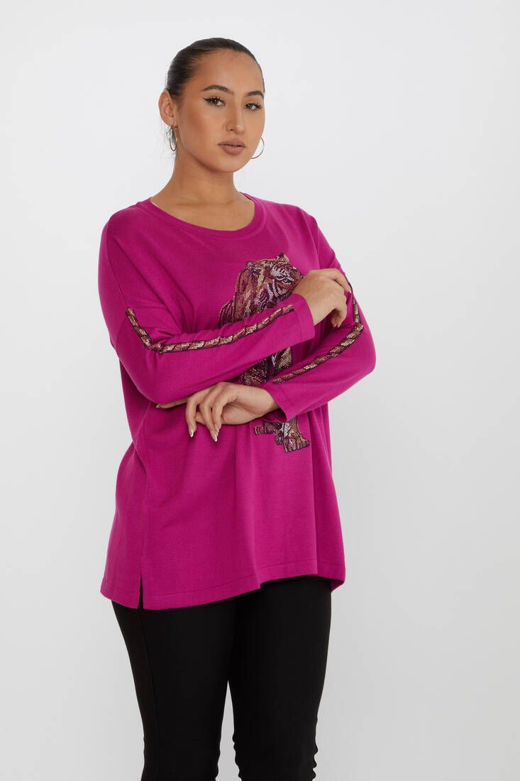 Women's Knitwear Stone Detailed Fuchsia - 30746 | KAZEE