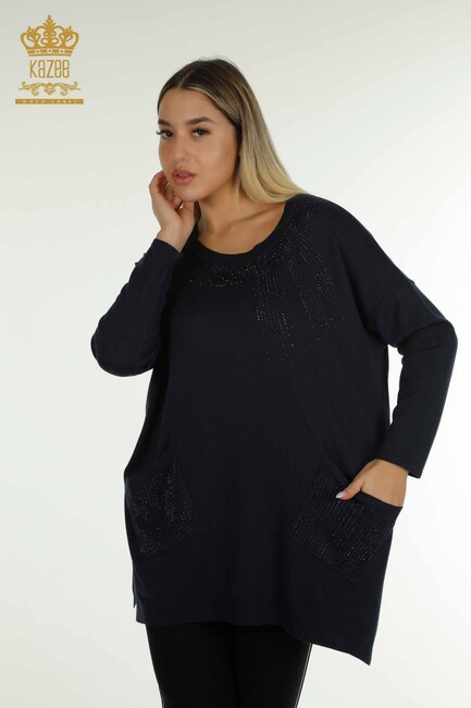 Women's Knitwear Stone Detailed Navy Blue - 30623 | KAZEE - Thumbnail