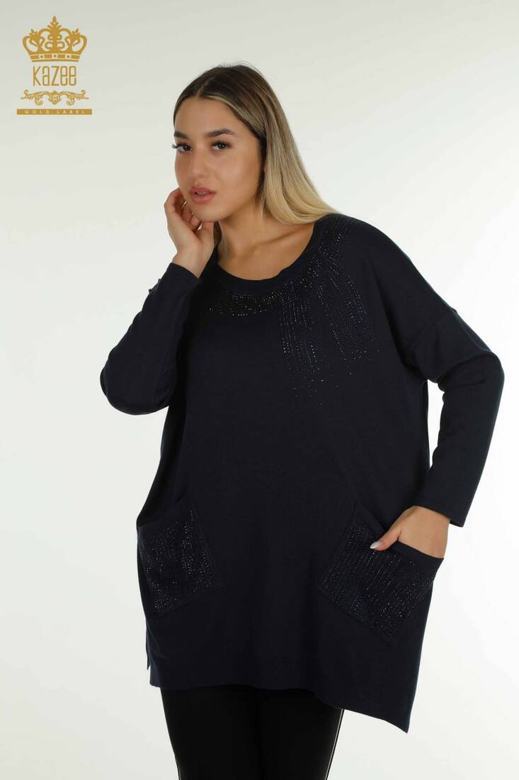 Women's Knitwear Stone Detailed Navy Blue - 30623 | KAZEE