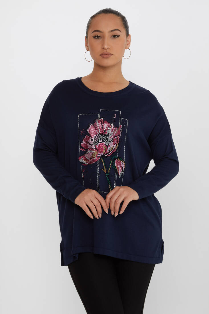 Women's Knitwear Stone Detailed Navy Blue - 30648 | KAZEE