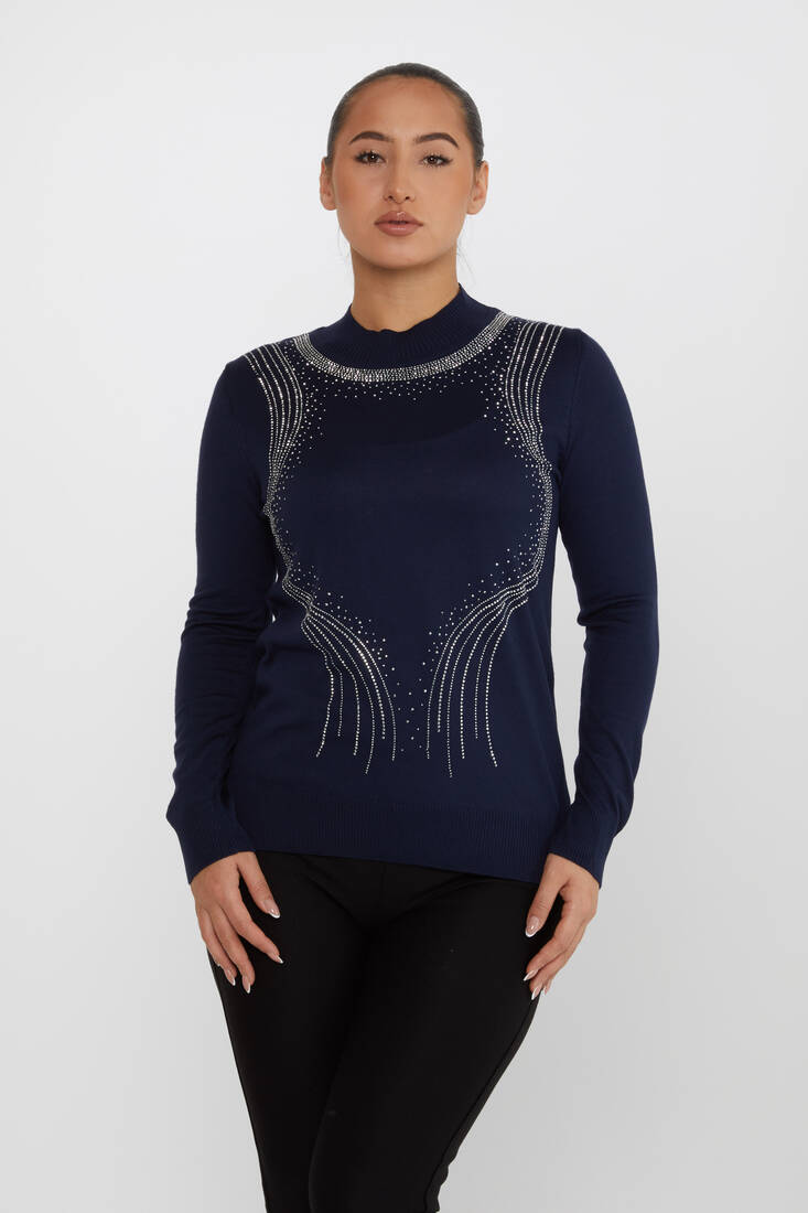 Women's Knitwear Stone Detailed Navy Blue - 30690 | KAZEE