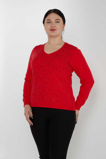 Women's Knitwear V-Neck Stone Detailed Red - 31213 | KAZEE - Thumbnail