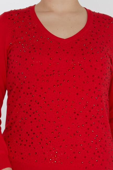 Women's Knitwear V-Neck Stone Detailed Red - 31213 | KAZEE - Thumbnail