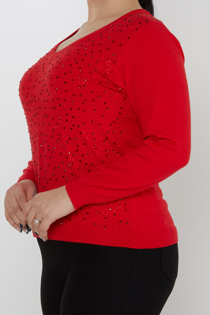 Women's Knitwear V-Neck Stone Detailed Red - 31213 | KAZEE - Thumbnail