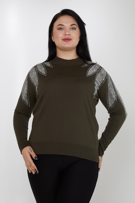 Women's Knitwear Khaki with Stone Detailed Sleeves - 31601 | KAZEE - Thumbnail