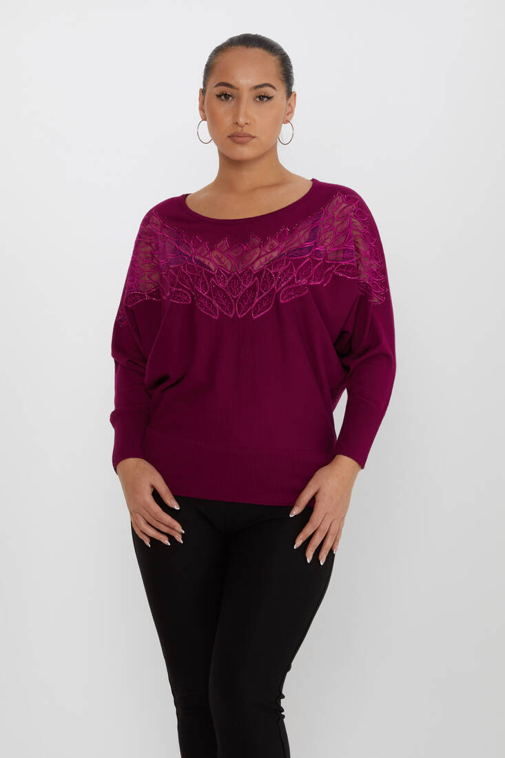 Women's Knitwear Stone Embroidered Purple - 16942 | KAZEE