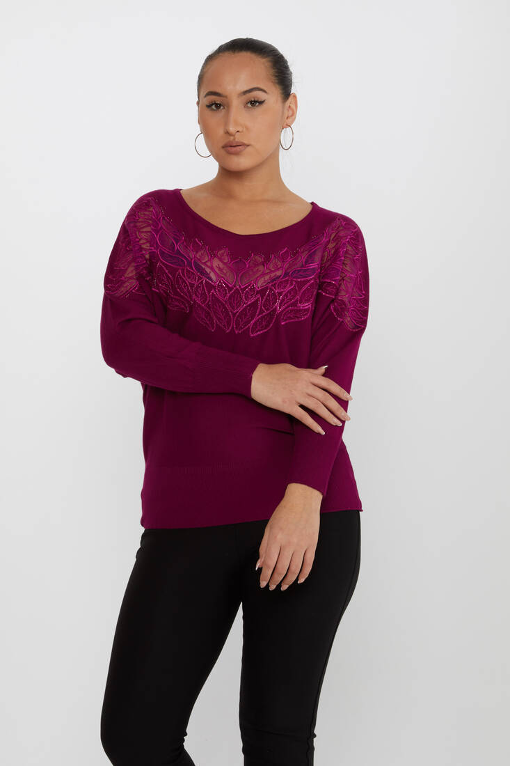 Women's Knitwear Stone Embroidered Purple - 16942 | KAZEE