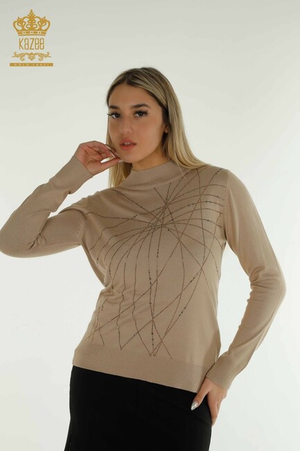 Women's Knitwear Stone Stand Collar Beige - 30454 | KAZEE - Thumbnail