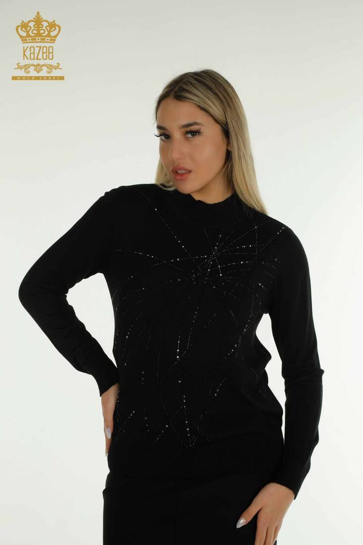 Women's Knitwear Stone Stand Collar Black - 30454 | KAZEE