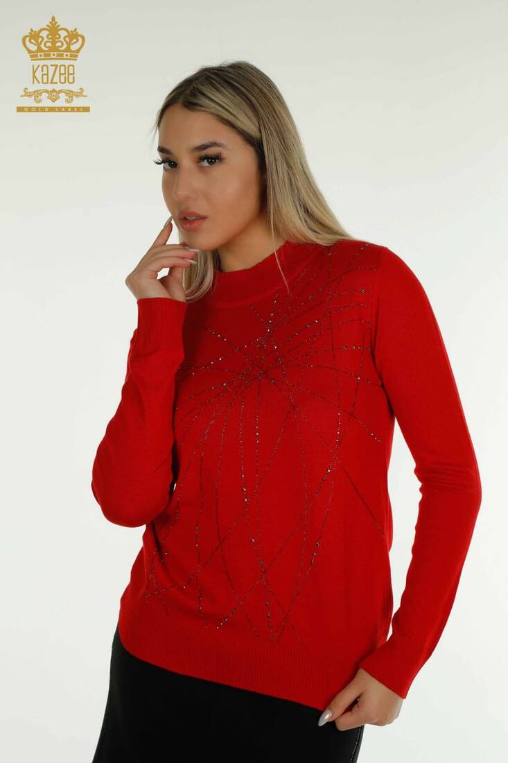 Women's Knitwear Stone Stand Collar Red - 30454 | KAZEE