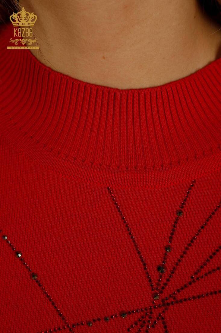 Women's Knitwear Stone Stand Collar Red - 30454 | KAZEE