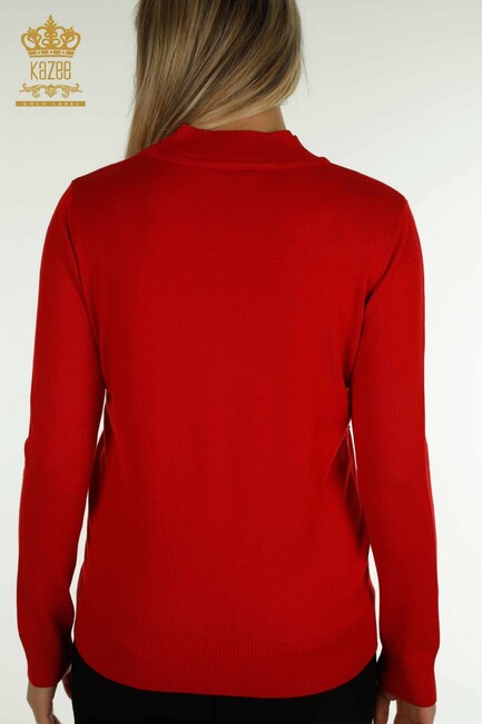 Women's Knitwear Stone Stand Collar Red - 30454 | KAZEE - Thumbnail