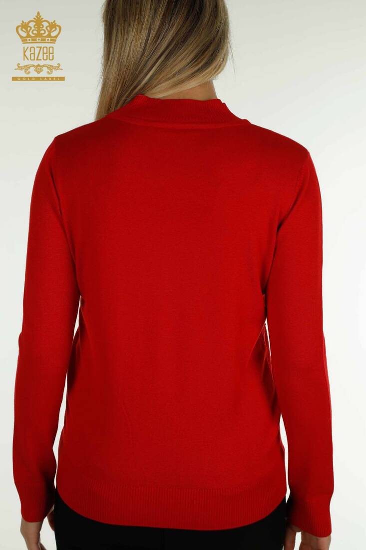 Women's Knitwear Stone Stand Collar Red - 30454 | KAZEE