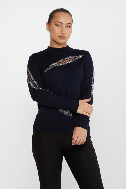 Women's Knitwear Stone Tulle Detail Navy Blue - 30090 | KAZEE - Thumbnail