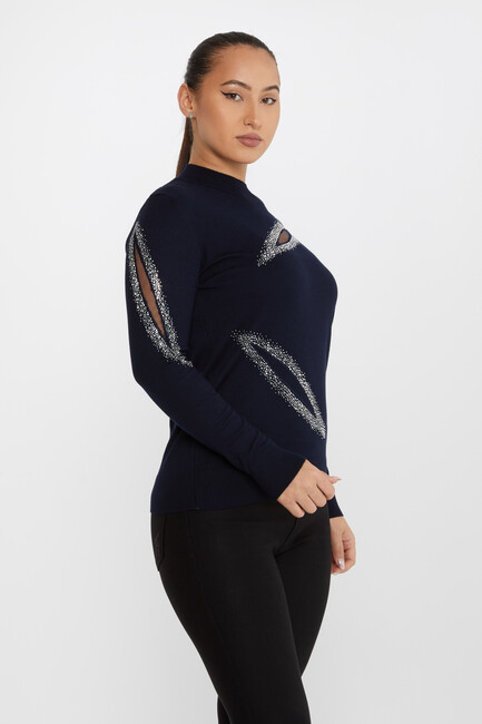 Women's Knitwear Stone Tulle Detail Navy Blue - 30090 | KAZEE - Thumbnail